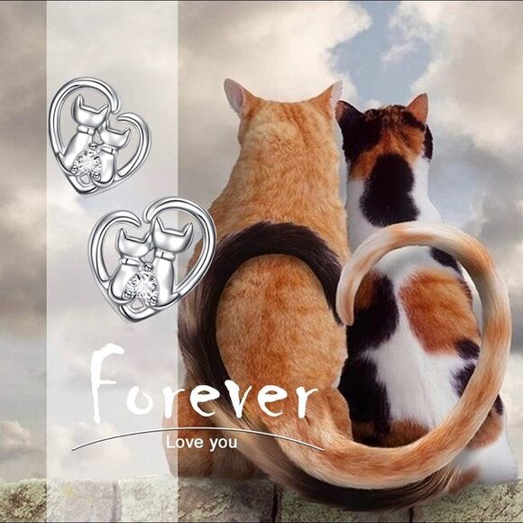 Sterling Silver Cat Earrings With CZ Heart - Picture 2 of 4